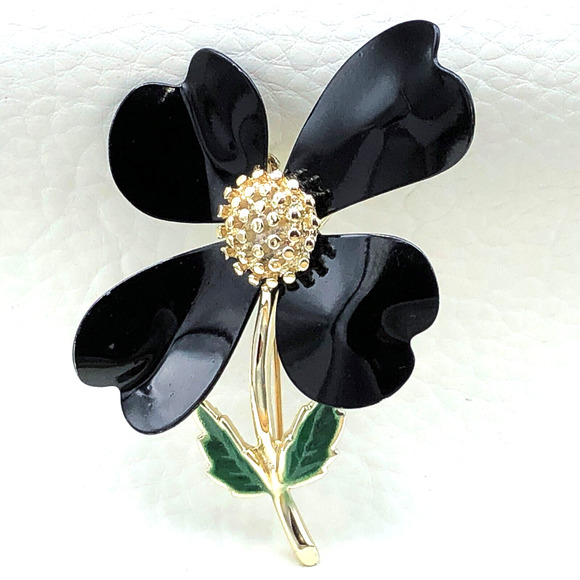 Sarah Coventry 1969 Dogwood Flower Brooch Black Enamel Flower Power Floral Pin - Picture 1 of 8